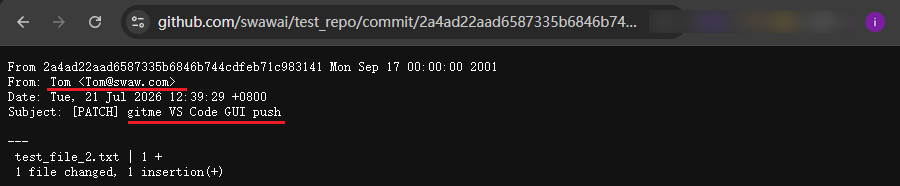 The GitHub commit patch From field shows author Tom and email Tom@swaw.com