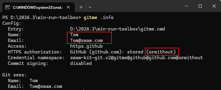 gitme .info shows author Tom, email Tom@swaw.com, and HTTPS account orwithout