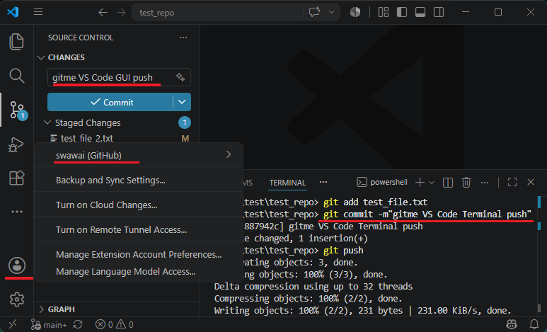 VS Code displays account swawai while commits and pushes run through gitme in both the GUI and terminal
